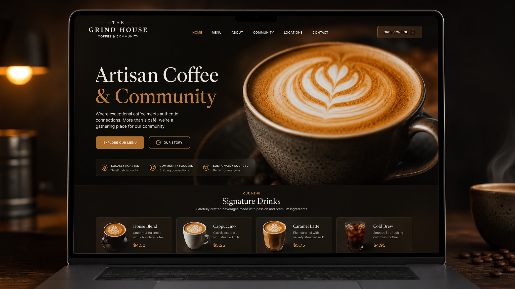 The Grind House — Café & Coffee Shop website built by OrbiLaunch